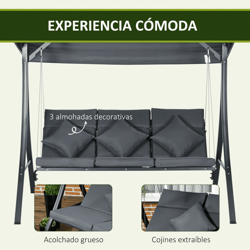 Outsunny Baloiço de Jardim de 3 Lugares com Toldo Ajustável, Almofadas, Estrutura de Aço, Ideal para Terraço e Jardim, Capacidade de 320 kg, Cinzento (202x115x168 cm)