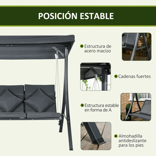 Outsunny Baloiço de Jardim de 3 Lugares com Toldo Ajustável, Almofadas, Estrutura de Aço, Ideal para Terraço e Jardim, Capacidade de 320 kg, Cinzento (202x115x168 cm)