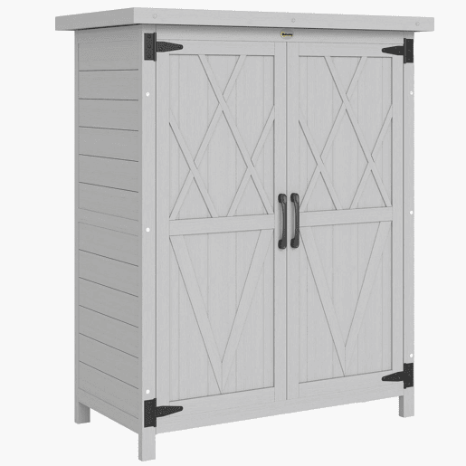 Outsunny Armário de Jardim de Madeira 75x40x90 cm Armário de Exterior Armário para Armazenamento de Ferramentas com 4 Prateleiras 2 Portas e Telhado de Chapa Galvanizada Cinzento
