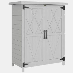 Outsunny Armário de Jardim de Madeira 75x40x90 cm Armário de Exterior Armário para Armazenamento de Ferramentas com 4 Prateleiras 2 Portas e Telhado de Chapa Galvanizada Cinzento