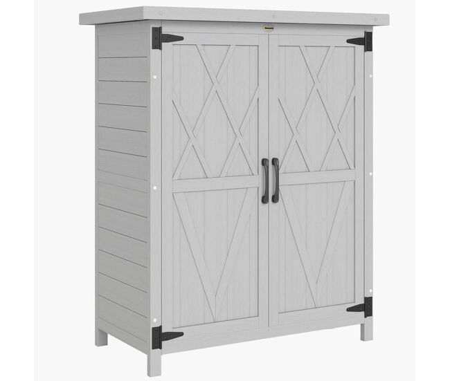 Outsunny caseta de jardín de madera, 75x40x90 cm, cobertizo jardín exterior, armario para almacenaje de herramientas, con 4 estantes, 2 puertas y techo de acero galvanizado, gris