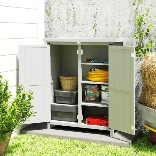 Outsunny Armário de Jardim de Madeira 75x40x90 cm Armário de Exterior Armário para Armazenamento de Ferramentas com 4 Prateleiras 2 Portas e Telhado de Chapa Galvanizada Cinzento