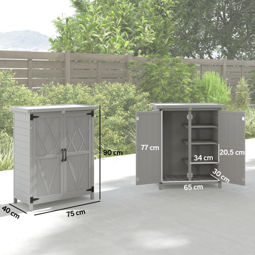 Outsunny Armário de Jardim de Madeira 75x40x90 cm Armário de Exterior Armário para Armazenamento de Ferramentas com 4 Prateleiras 2 Portas e Telhado de Chapa Galvanizada Cinzento