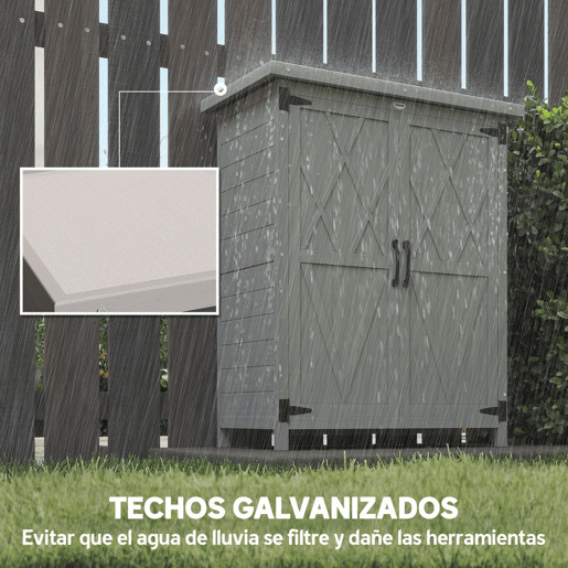 Outsunny Armário de Jardim de Madeira 75x40x90 cm Armário de Exterior Armário para Armazenamento de Ferramentas com 4 Prateleiras 2 Portas e Telhado de Chapa Galvanizada Cinzento