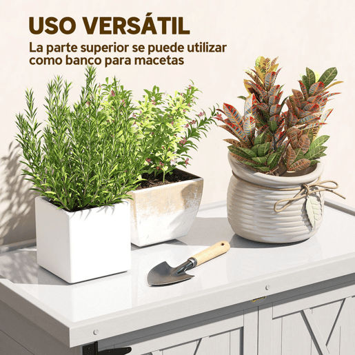 Outsunny Armário de Jardim de Madeira 75x40x90 cm Armário de Exterior Armário para Armazenamento de Ferramentas com 4 Prateleiras 2 Portas e Telhado de Chapa Galvanizada Cinzento