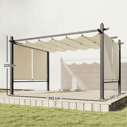 Outsunny Pérgola de Jardim 4x3 m com Telhado Deslizante Regulável e Estores Laterais Retráteis, Proteção UV50+, Creme