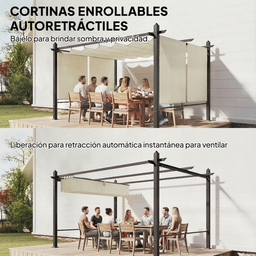 Outsunny Pérgola de Jardim 4x3 m com Telhado Deslizante Regulável e Estores Laterais Retráteis, Proteção UV50+, Creme