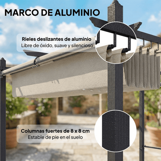 Outsunny Pérgola de Jardim 4x3 m com Telhado Deslizante Regulável e Estores Laterais Retráteis, Proteção UV50+, Creme