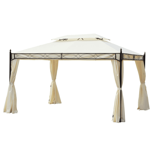 Outsunny Pérgola de Jardim 4x3 m Pérgola de Jardim com Telhado Duplo 4 Cortinas Estrutura de Aço 8 Orifícios de Drenagem Anti-UV Tenda para Exterior Terraço Pátio Creme
