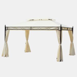 Outsunny Pérgola de Jardim 4x3 m Pérgola de Jardim com Telhado Duplo 4 Cortinas Estrutura de Aço 8 Orifícios de Drenagem Anti-UV Tenda para Exterior Terraço Pátio Creme