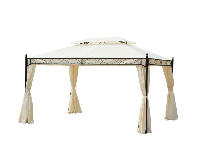Outsunny cenador de jardín 4x3 m, pabellón de jardín gazebo con doble techo, 4 cortinas, marco de acero, 8 orificios de drenaje, anti-uv, carpa para exterior, terraza, patio, blanco crema