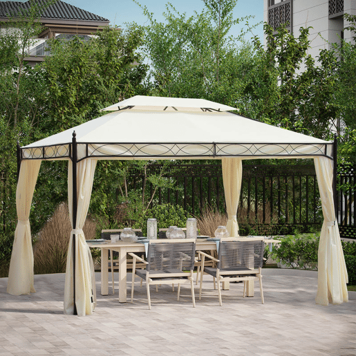 Outsunny Pérgola de Jardim 4x3 m Pérgola de Jardim com Telhado Duplo 4 Cortinas Estrutura de Aço 8 Orifícios de Drenagem Anti-UV Tenda para Exterior Terraço Pátio Creme