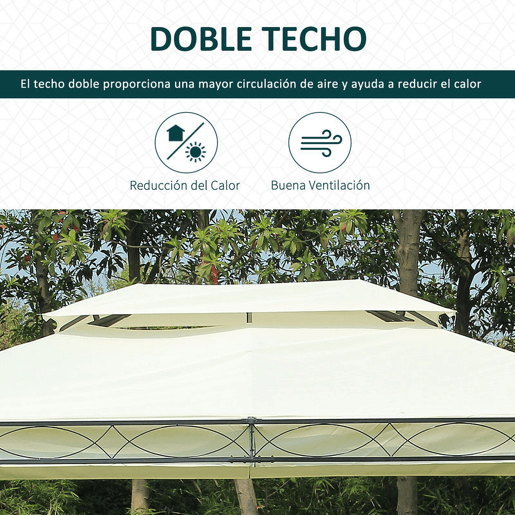 Outsunny Pérgola de Jardim 4x3 m Pérgola de Jardim com Telhado Duplo 4 Cortinas Estrutura de Aço 8 Orifícios de Drenagem Anti-UV Tenda para Exterior Terraço Pátio Creme