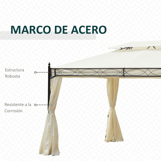 Outsunny Pérgola de Jardim 4x3 m Pérgola de Jardim com Telhado Duplo 4 Cortinas Estrutura de Aço 8 Orifícios de Drenagem Anti-UV Tenda para Exterior Terraço Pátio Creme