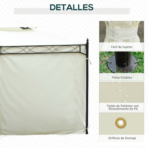 Outsunny Pérgola de Jardim 4x3 m Pérgola de Jardim com Telhado Duplo 4 Cortinas Estrutura de Aço 8 Orifícios de Drenagem Anti-UV Tenda para Exterior Terraço Pátio Creme