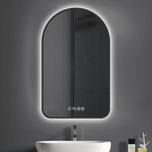 Espelho LED arqueado 60x120 cm - Anti-embaciamento, regulável, três temperaturas, relógio e temperatura - PretoPrateado