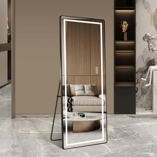 Espelho de pé LED 163x54 cm - Moldura fina em alumínio, ajustável, montagem na parede - PretoPrateado