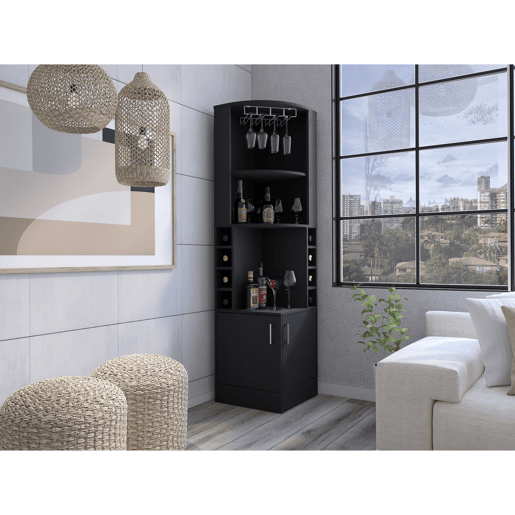 Van bar de canto com porta-garrafas e suporte para taças