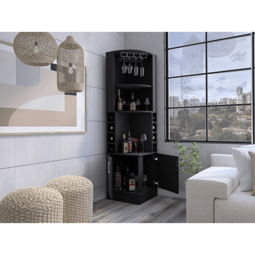 Van bar de canto com porta-garrafas e suporte para taças