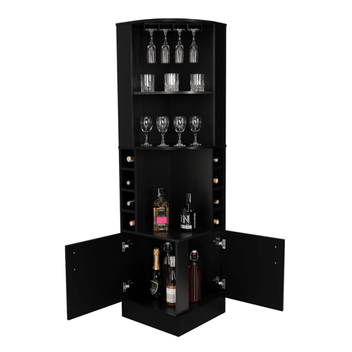 Van bar de canto com porta-garrafas e suporte para taças