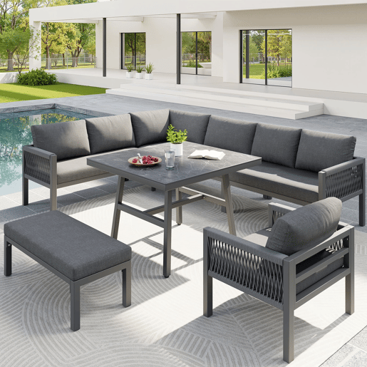 Conjunto de sofás de jardim L 8 lugares - Estrutura em ferro, almofadas cinzentas, mesa em mármore e 2 poltronas - Cinza