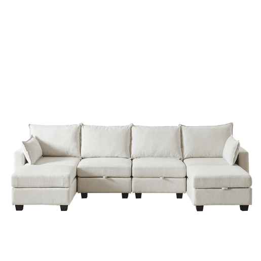 Sofá modular de 6 lugares - U, chaise longue, arrumação, chenille - Bege