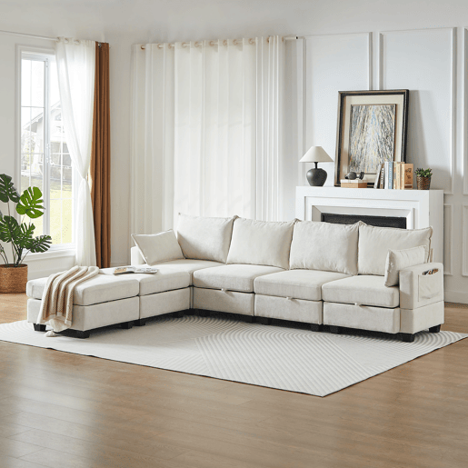 Sofá modular de 6 lugares - U, chaise longue, arrumação, chenille - Bege