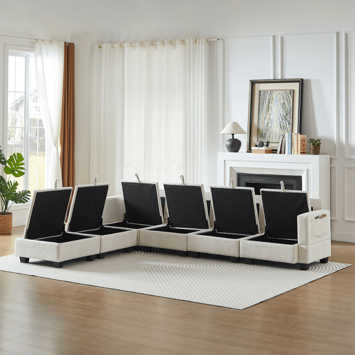 Sofá modular de 6 lugares - U, chaise longue, arrumação, chenille - Bege