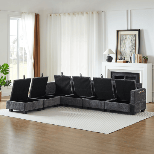Sofá modular de 6 lugares - Chenille, em forma de U, com arrumação e chaise longue - Cinza