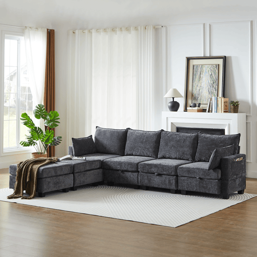 Sofá modular de 6 lugares - Chenille, em forma de U, com arrumação e chaise longue - Cinza