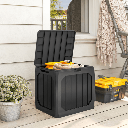 Outsunny Baú de Exterior com Capacidade de 121L Baú de Armazenamento em Plástico com 2 Alças e Tampa Fechável Impermeável e Resistente às Intempéries para Jardim Terraço ou Pátio, 56x45x53 cm Preto