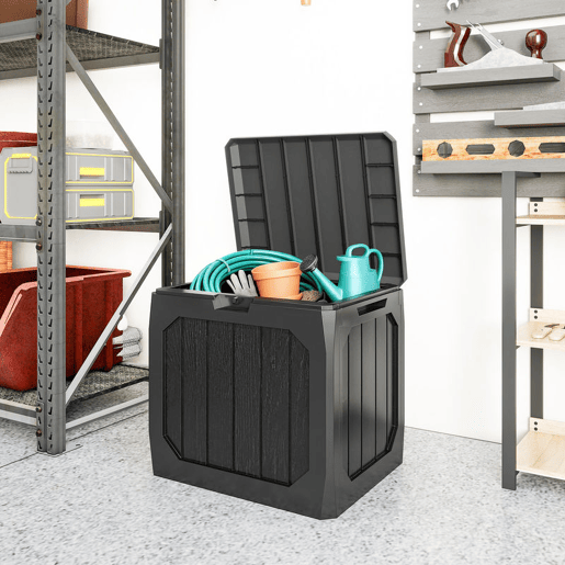 Outsunny Baú de Exterior com Capacidade de 121L Baú de Armazenamento em Plástico com 2 Alças e Tampa Fechável Impermeável e Resistente às Intempéries para Jardim Terraço ou Pátio, 56x45x53 cm Preto