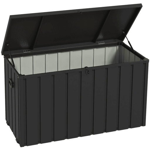 Outsunny Baú Exterior com Capacidade de 450L Baú de Armazenamento em Aço com 4 Rodas 2 Pegas e Tampa com Ranhura para Cadeado Resistente às Condições Climáticas para Jardim Terraço Pátio 125,5x61,5x70 cm Cinzento Escuro Outsunny Baú Exterior com Capacidade de 450L Baú de Armazenamento em Aço com 4 Rodas 2 Pegas e Tampa com Ranhura para Cadeado Resistente às Condições Climáticas para Jardim Terraço Pátio 125,5x61,5x70 cm Cinzento Escuro