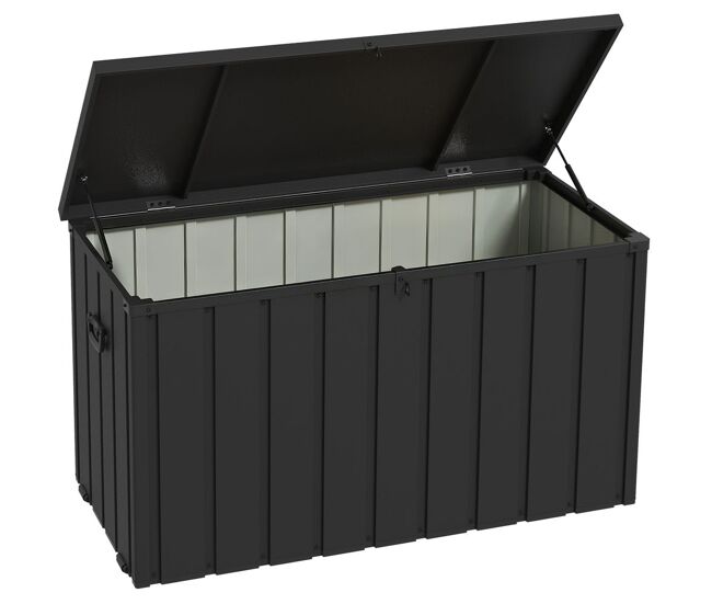 Outsunny arcón exterior capacidad 450l, baúl almacenaje exterior de acero con 4 ruedas, 2 asas y tapa bloqueable, resistente a la intemperie, para