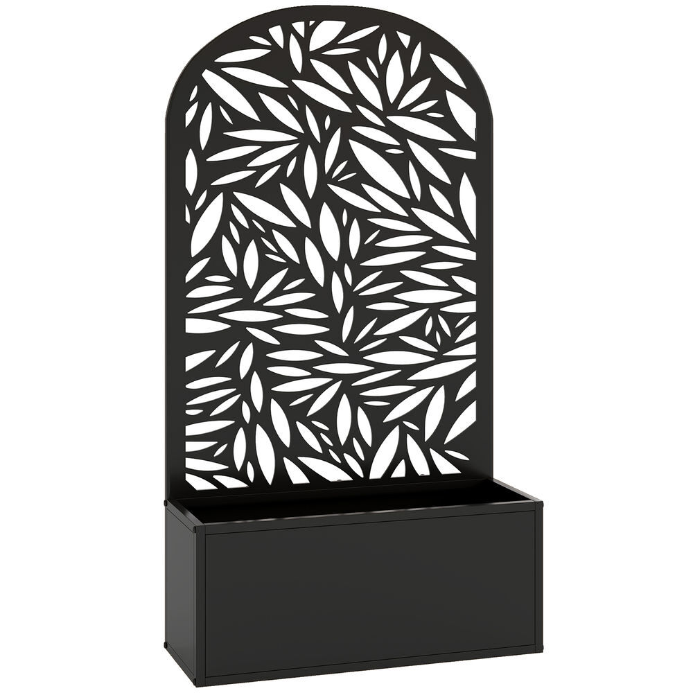 Outsunny jardinera exterior grande de metal, jardinera con pantalla de privacidad curva de hojas decorativas, macetero de pared o independiente para plantas trepadoras, patio, 61x23x113 cm, negro