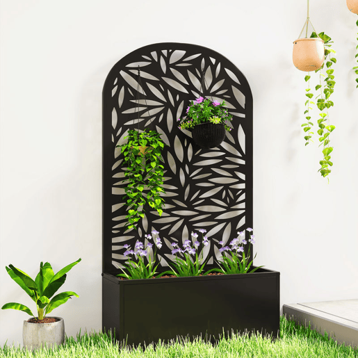Outsunny Floreira Exterior Grande de Metal Floreira com Painel Decorativo Curvo de Folhas Floreira de Parede ou Independente para Plantas Trepadeiras Jardim 61x23x113 cm, Preto