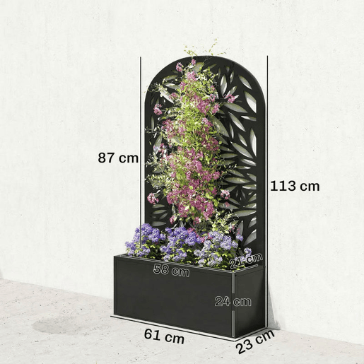 Outsunny Floreira Exterior Grande de Metal Floreira com Painel Decorativo Curvo de Folhas Floreira de Parede ou Independente para Plantas Trepadeiras Jardim 61x23x113 cm, Preto