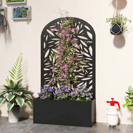 Outsunny Floreira Exterior Grande de Metal Floreira com Painel Decorativo Curvo de Folhas Floreira de Parede ou Independente para Plantas Trepadeiras Jardim 61x23x113 cm, Preto