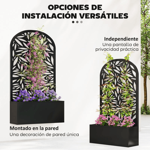 Outsunny Floreira Exterior Grande de Metal Floreira com Painel Decorativo Curvo de Folhas Floreira de Parede ou Independente para Plantas Trepadeiras Jardim 61x23x113 cm, Preto
