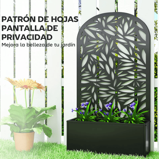 Outsunny Floreira Exterior Grande de Metal Floreira com Painel Decorativo Curvo de Folhas Floreira de Parede ou Independente para Plantas Trepadeiras Jardim 61x23x113 cm, Preto