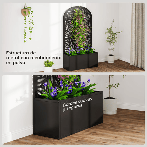 Outsunny Floreira Exterior Grande de Metal Floreira com Painel Decorativo Curvo de Folhas Floreira de Parede ou Independente para Plantas Trepadeiras Jardim 61x23x113 cm, Preto
