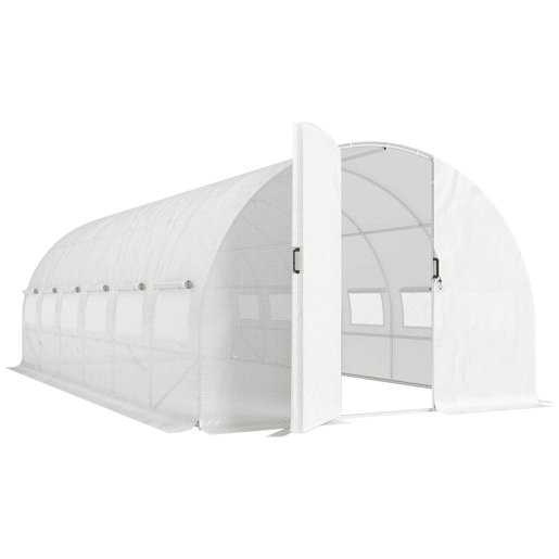 Outsunny Estufa de Exterior 6x3x2 m Túnel de Cultivo com Porta de Dobradiças Janelas com Rede Cobertura de PE 140gm² e Estrutura de Aço Galvanizado Anti-UV Impermeável para Cultivo Branco