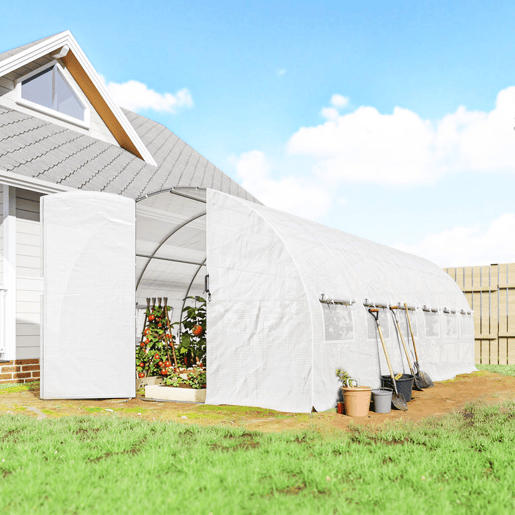 Outsunny Estufa de Exterior 6x3x2 m Túnel de Cultivo com Porta de Dobradiças Janelas com Rede Cobertura de PE 140gm² e Estrutura de Aço Galvanizado Anti-UV Impermeável para Cultivo Branco