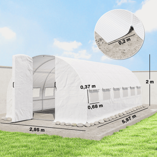 Outsunny Estufa de Exterior 6x3x2 m Túnel de Cultivo com Porta de Dobradiças Janelas com Rede Cobertura de PE 140gm² e Estrutura de Aço Galvanizado Anti-UV Impermeável para Cultivo Branco