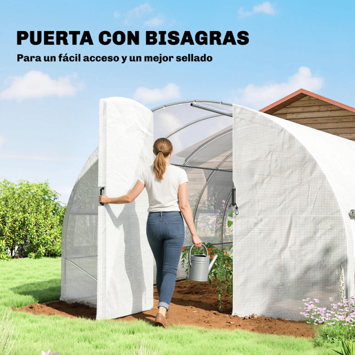 Outsunny Estufa de Exterior 6x3x2 m Túnel de Cultivo com Porta de Dobradiças Janelas com Rede Cobertura de PE 140gm² e Estrutura de Aço Galvanizado Anti-UV Impermeável para Cultivo Branco