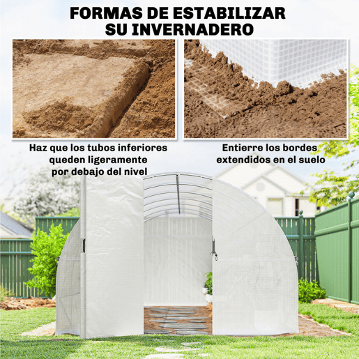 Outsunny Estufa de Exterior 6x3x2 m Túnel de Cultivo com Porta de Dobradiças Janelas com Rede Cobertura de PE 140gm² e Estrutura de Aço Galvanizado Anti-UV Impermeável para Cultivo Branco