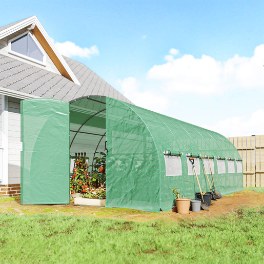 Outsunny Estufa de Exterior 6x3x2 m Estufa Túnel com Porta com Dobradiças Janelas com Rede Cobertura PE 140gm² e Estrutura de Aço Galvanizado Anti-UV, Impermeável para Cultivo Verde