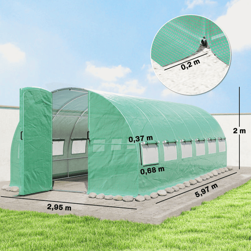 Outsunny Estufa de Exterior 6x3x2 m Estufa Túnel com Porta com Dobradiças Janelas com Rede Cobertura PE 140gm² e Estrutura de Aço Galvanizado Anti-UV, Impermeável para Cultivo Verde