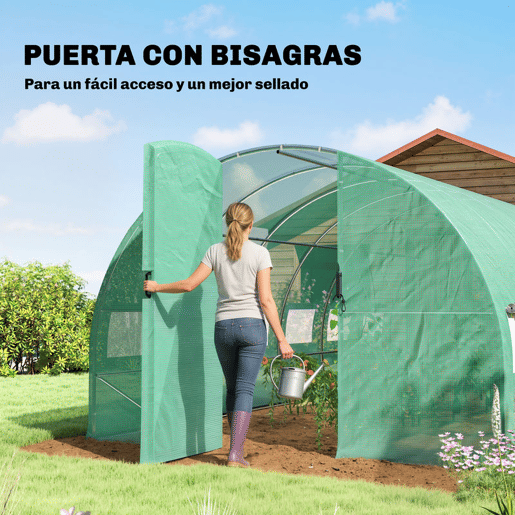 Outsunny Estufa de Exterior 6x3x2 m Estufa Túnel com Porta com Dobradiças Janelas com Rede Cobertura PE 140gm² e Estrutura de Aço Galvanizado Anti-UV, Impermeável para Cultivo Verde