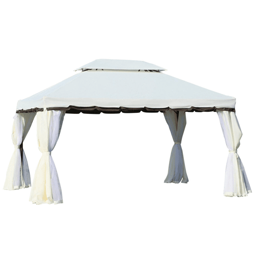 Outsunny Gazebo de Jardim 4x3 m, Pavilhão de Jardim com Teto Duplo, 4 Cortinas e Mosquiteiro, Estrutura em Alumínio, Orifícios de Drenagem, UPF50+, Tenda para Exterior, Terraço, Pátio, Creme